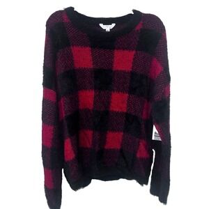 NWT Fuzzy Eyelash Black Red Buffalo Plaid Pullover Sweater XXL Holiday Christmas